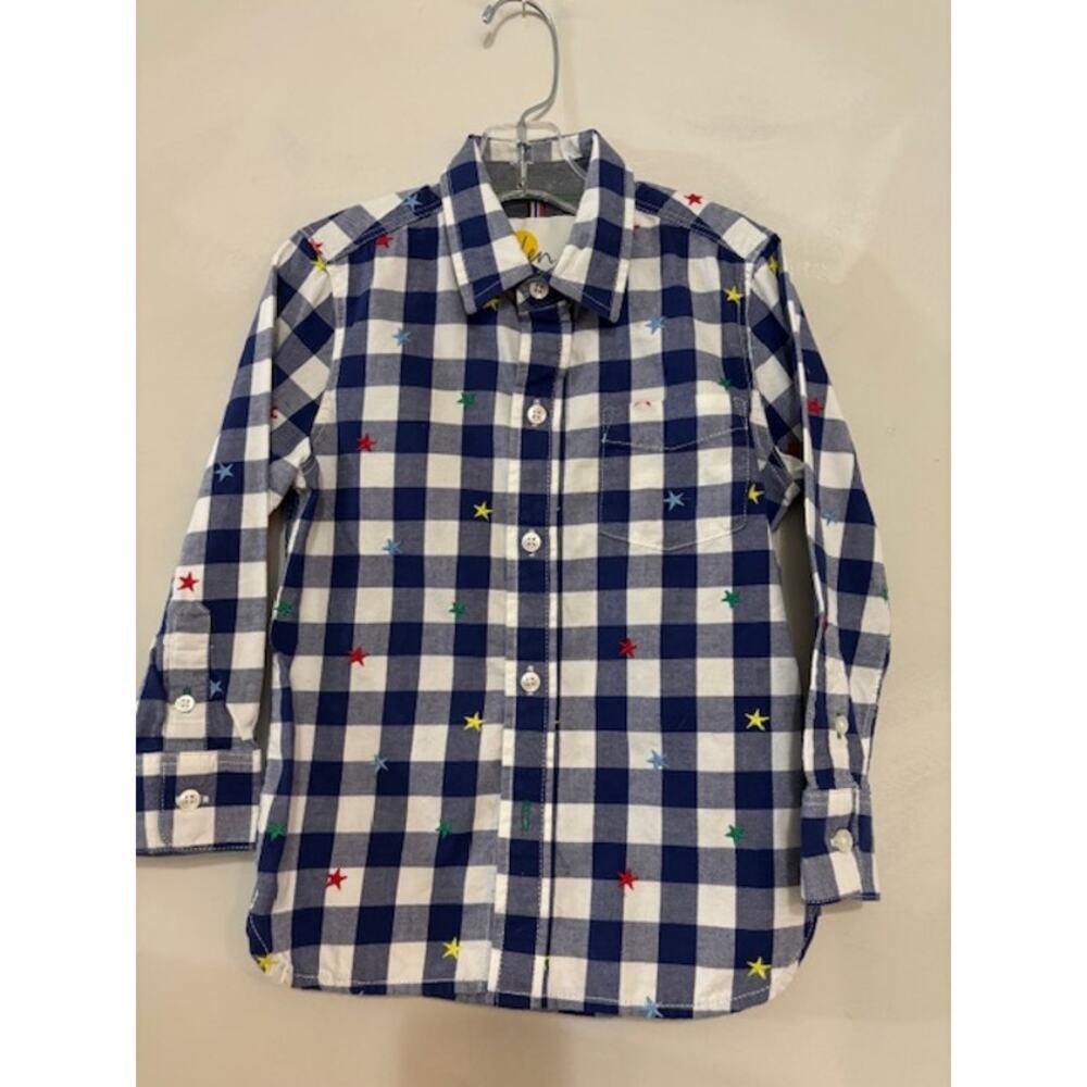 Mini Boden Blue Gingham Embroidered Stars Long Sleeve Button Down Shirt 4-5